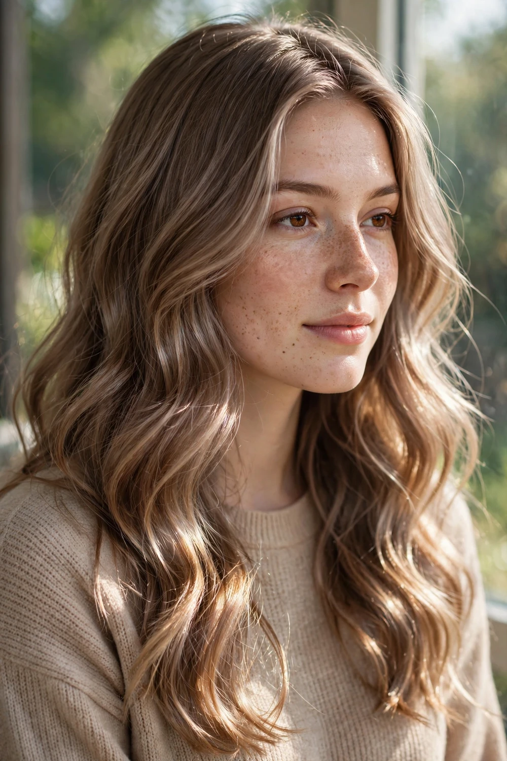 Woman with mocha mousse hair, light milky chocolate brown
