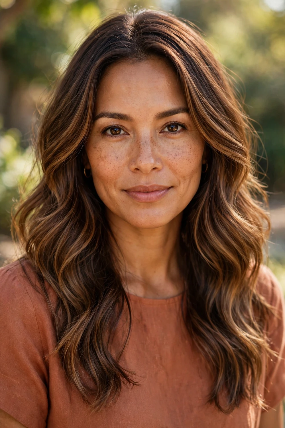 Woman with mocha caramel balayage, caramel ribbons over mocha base