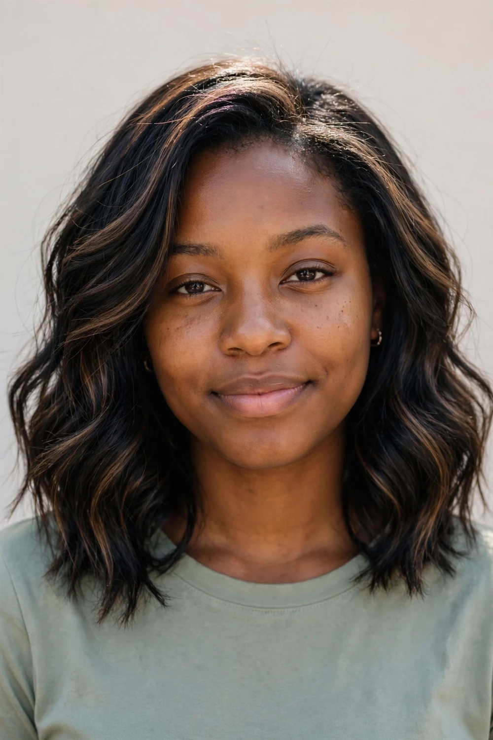 Black woman with shoulder-length wavy black hair blended with soft mocha-brown highlights