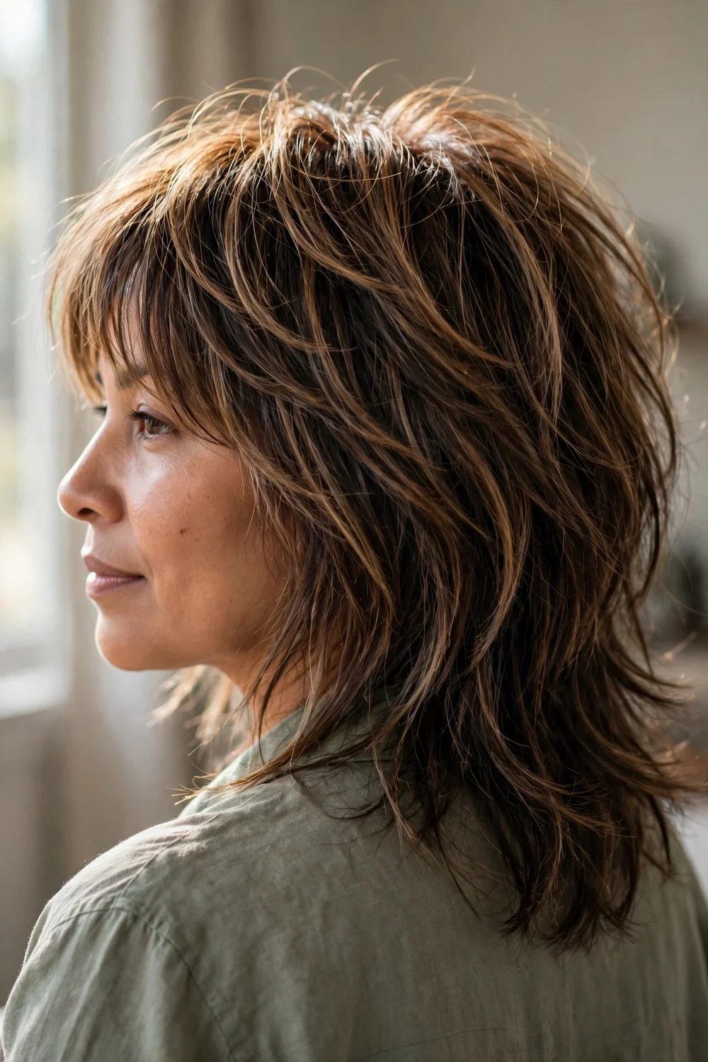 Woman with dark brown lived-in shag and mocha balayage highlights
