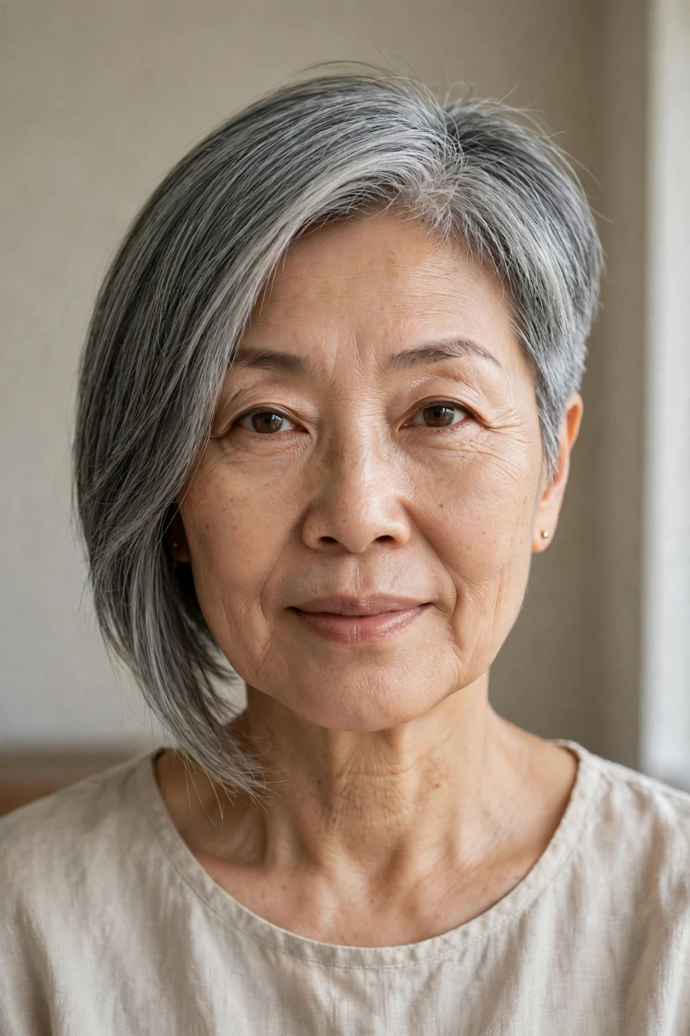 Modern asymmetrical grey crop haircut with uneven sides
