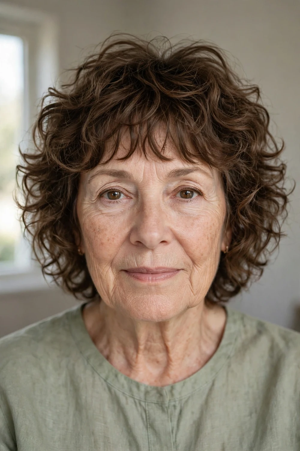 Woman over 60 with modern curls and wispy bangs