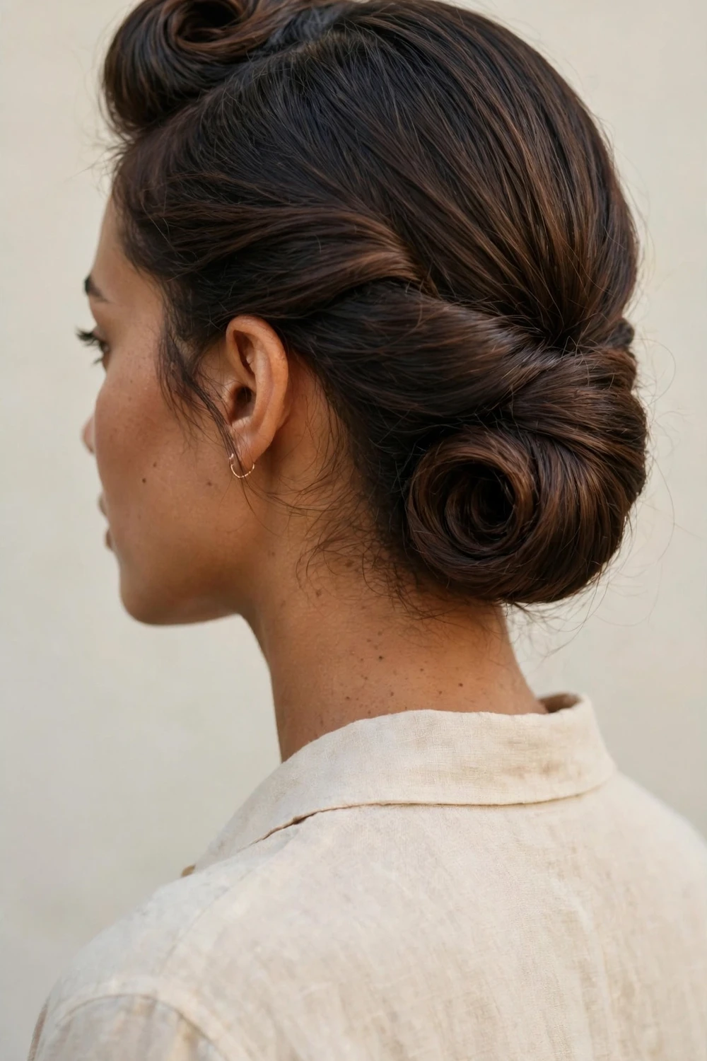Woman with dark brown hair styled in a modern Gibson roll updo tucked elegantly at the nape of the neck, side view