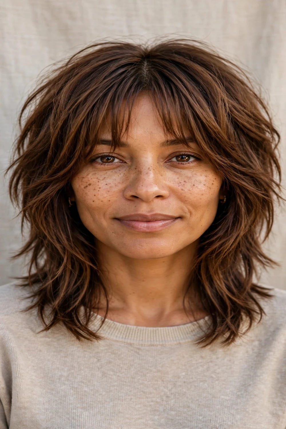 Woman with a modern shag haircut and curtain bangs at medium length