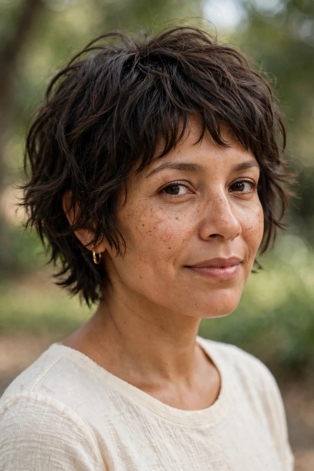 Woman with bixie shag haircut, bob pixie hybrid layers