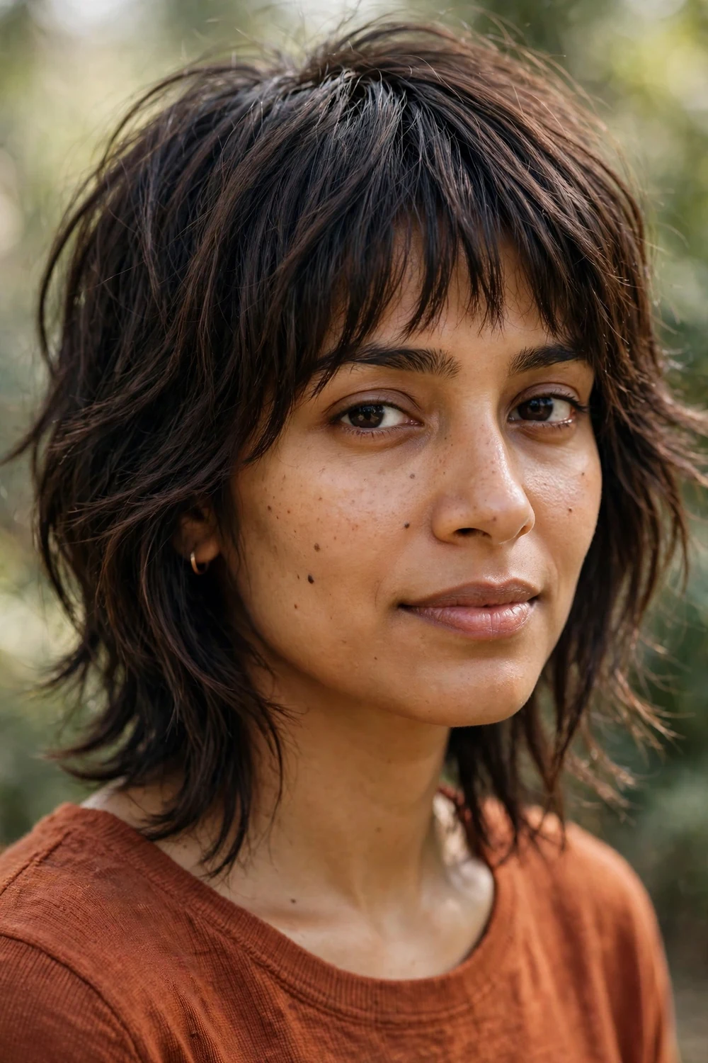 Woman with modern shag haircut and bottleneck bangs