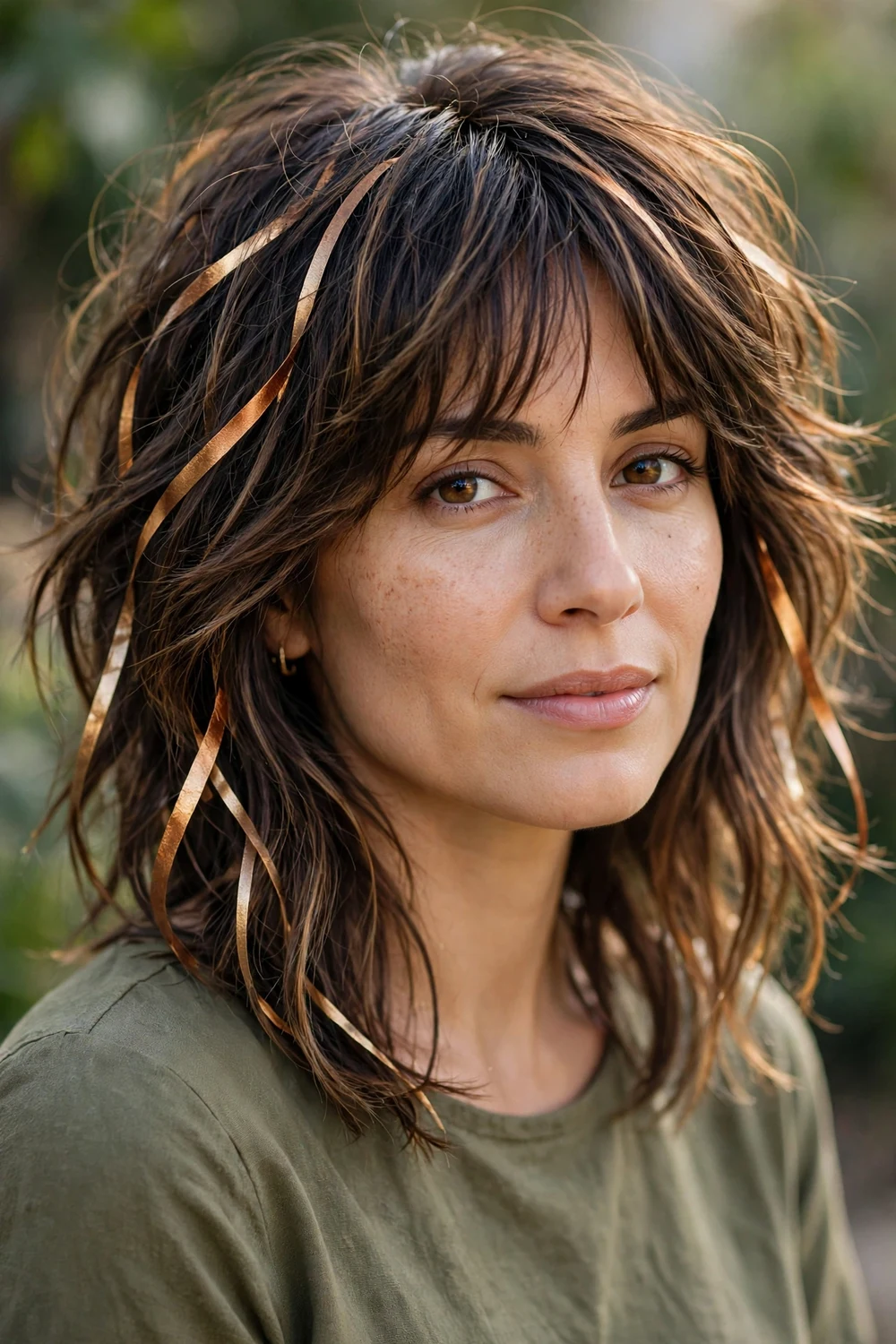 Woman with bronze balayage soft shag haircut