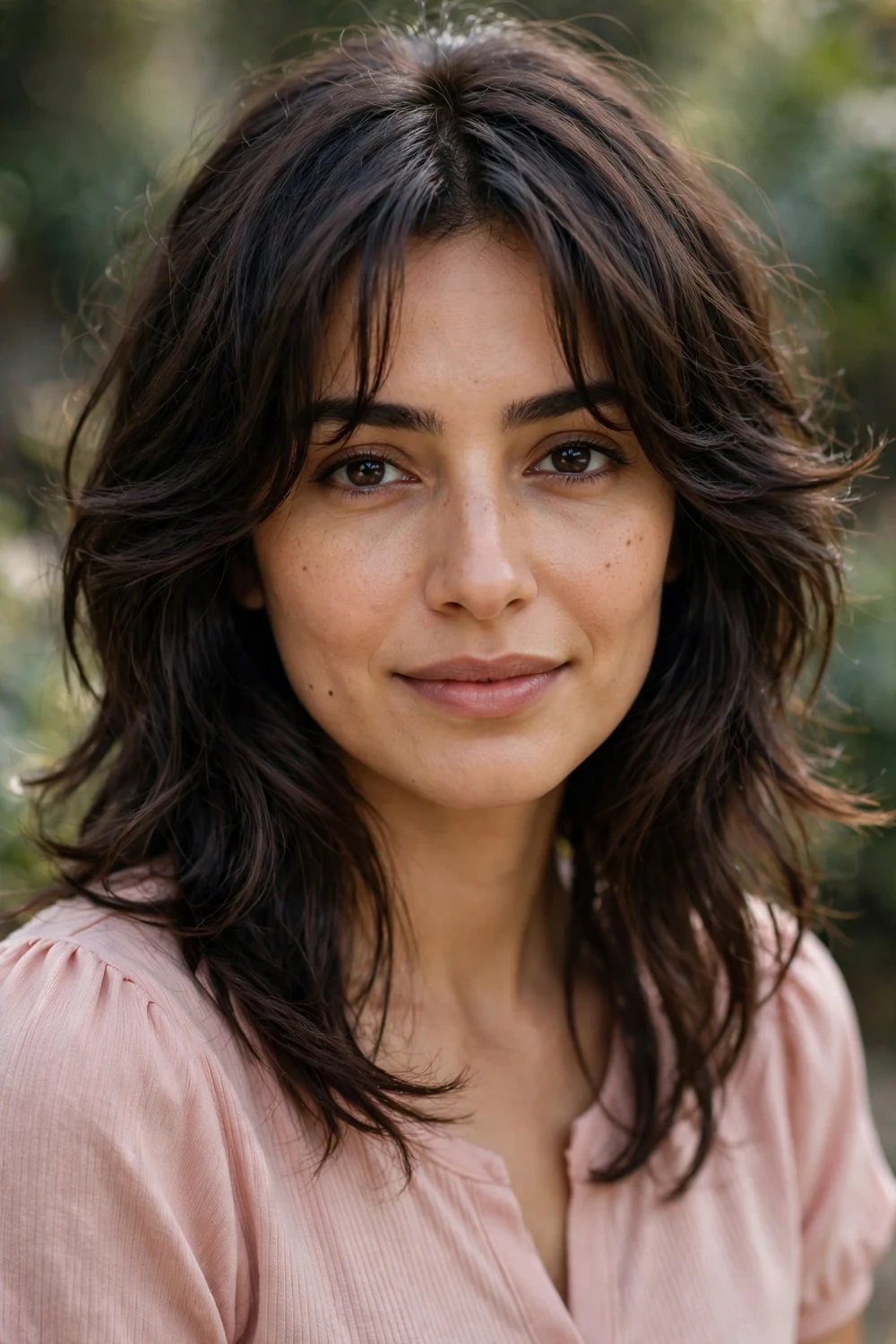 Woman with butterfly shag haircut, airy face-framing layers