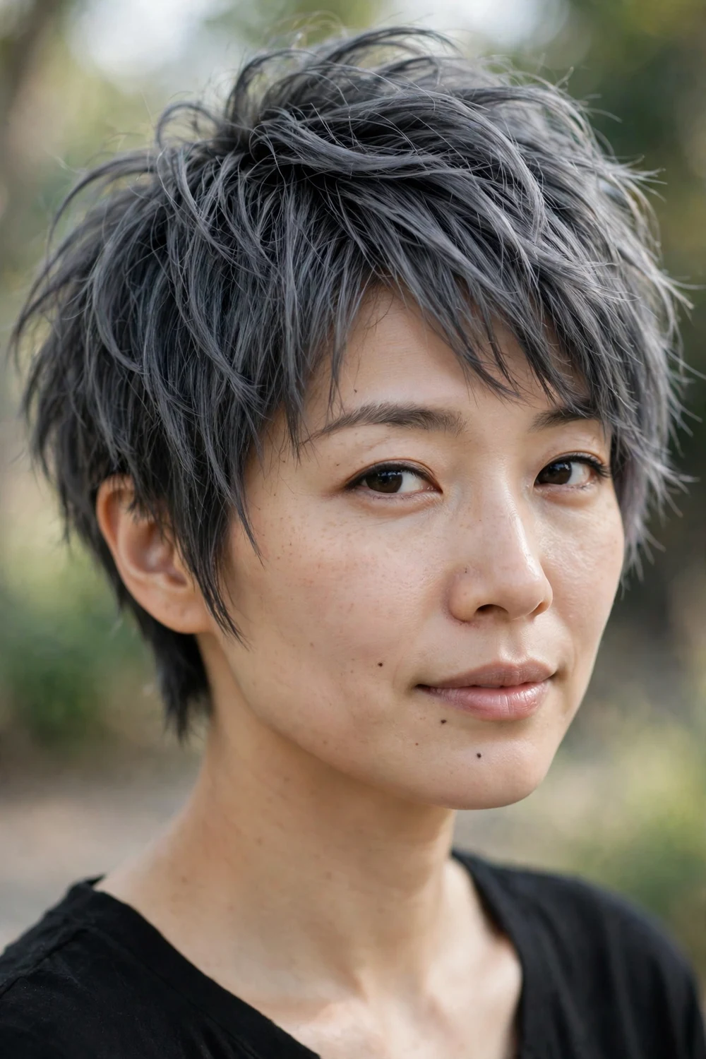 Woman with charcoal grey edgy bixie shag haircut