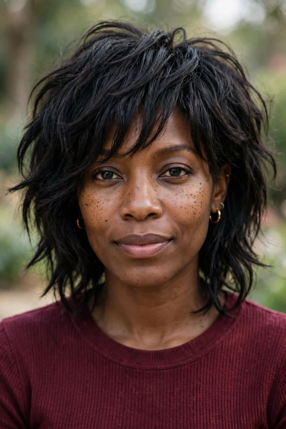 Woman with choppy layers shaggy haircut, medium length