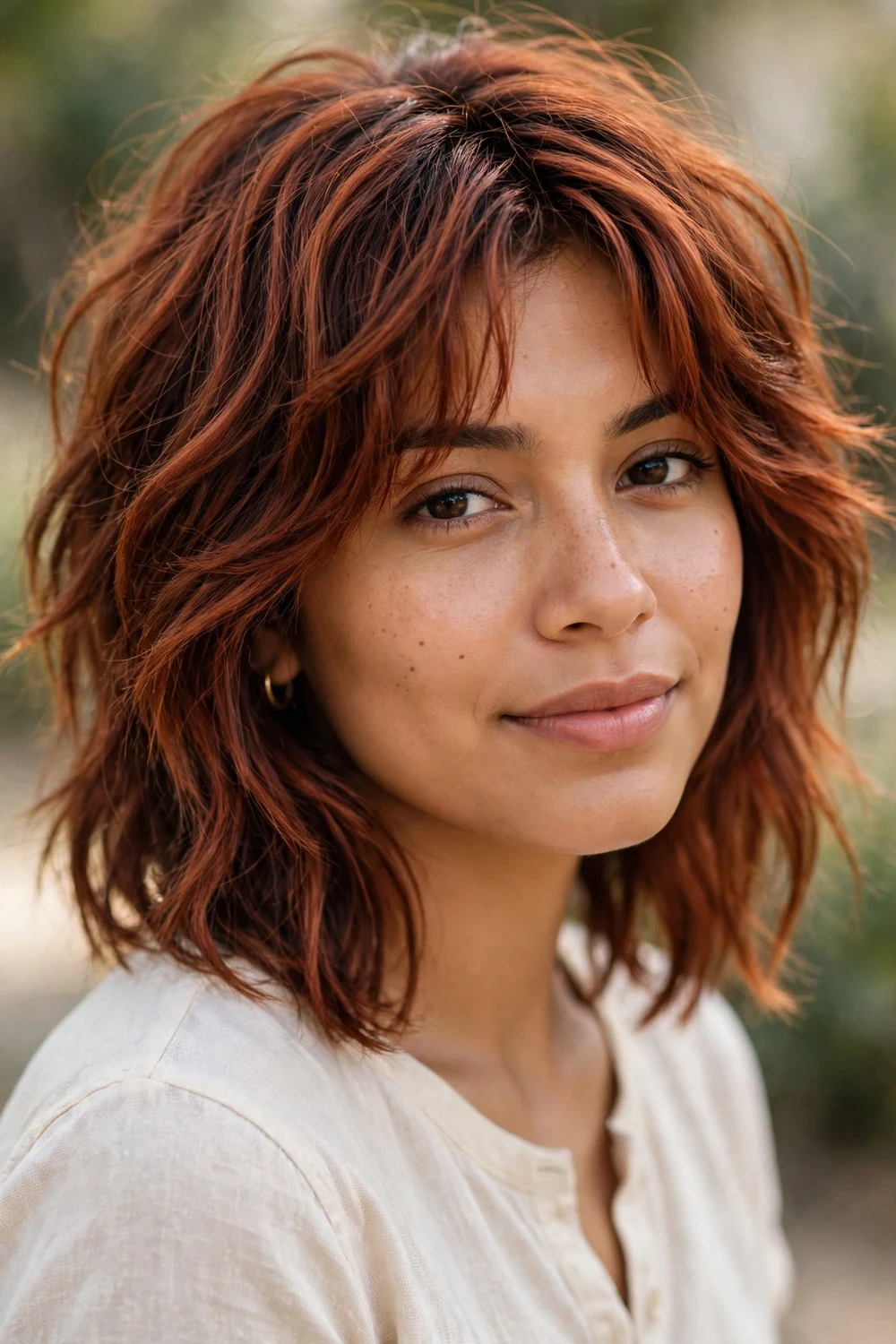 Woman with copper cowboy colored modern shag haircut