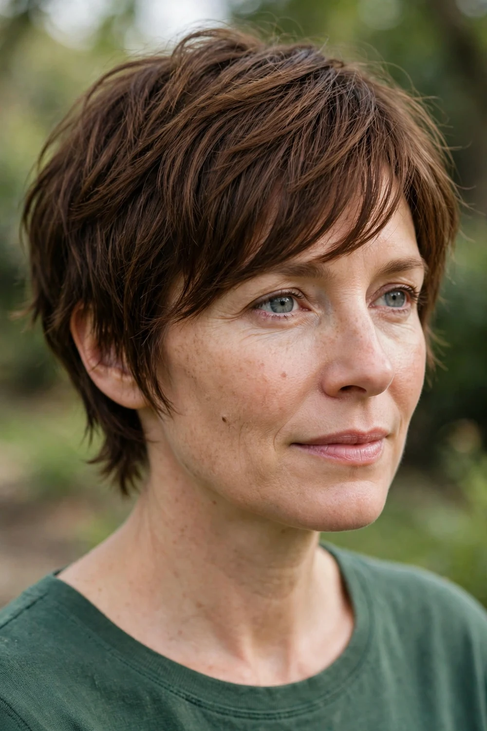 Woman with cropped shag haircut and side-swept bangs