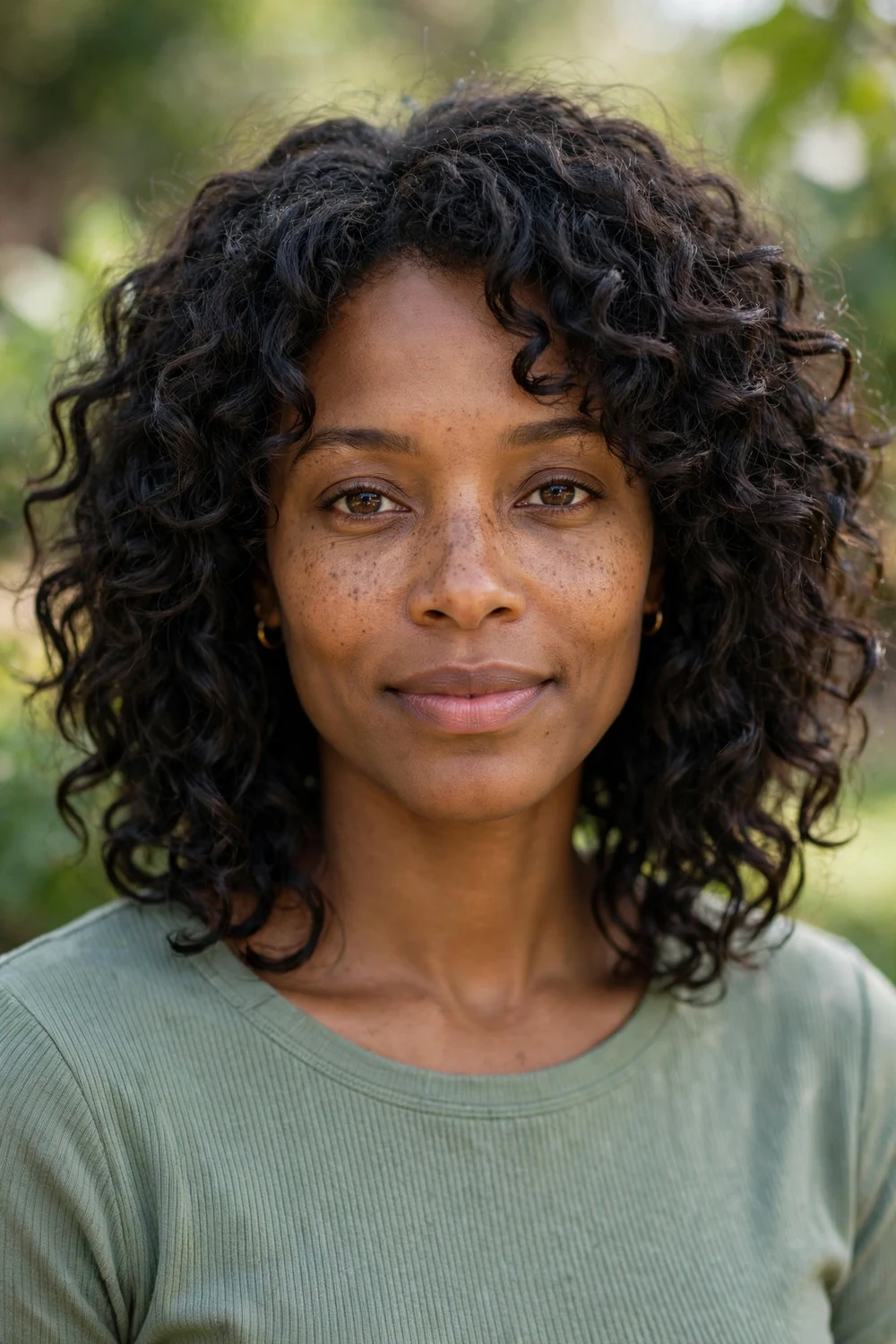 Woman with curly medium shag haircut and rounded layers