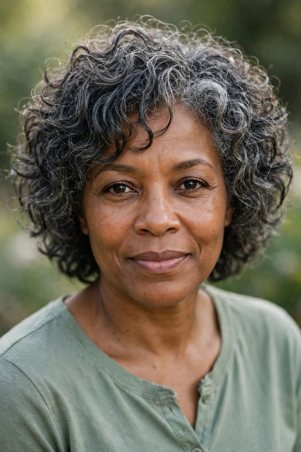 Woman with curly salt and pepper shag haircut, natural grey