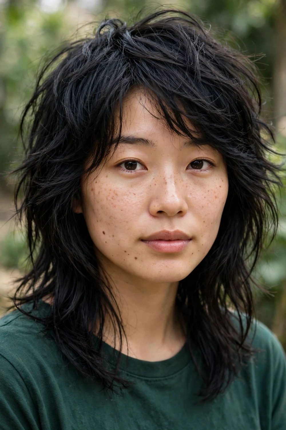 Woman with disconnected grunge shag haircut, choppy texture