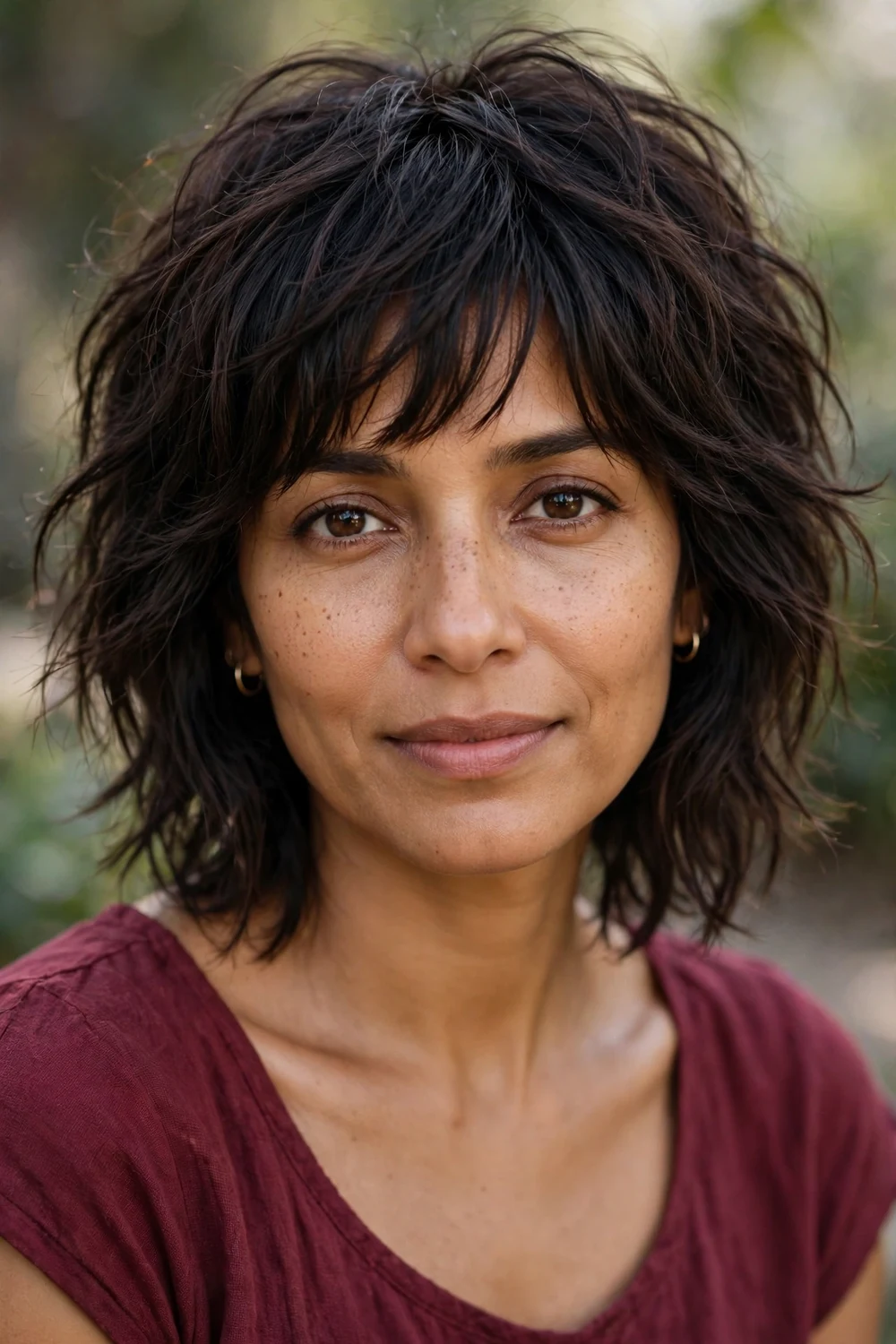 Woman with espresso colored choppy french shag haircut