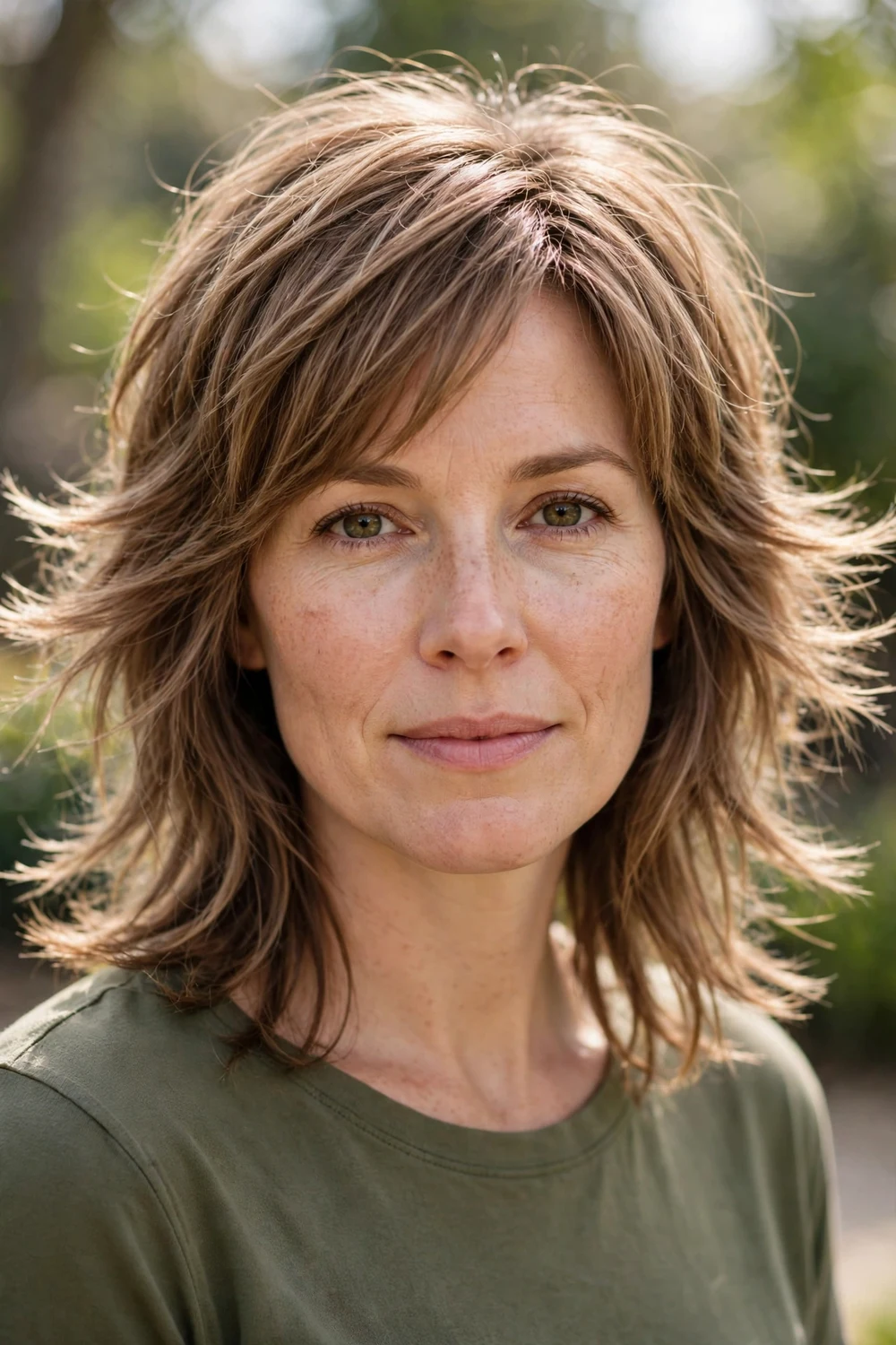 Woman with modern shag haircut featuring feathered ends