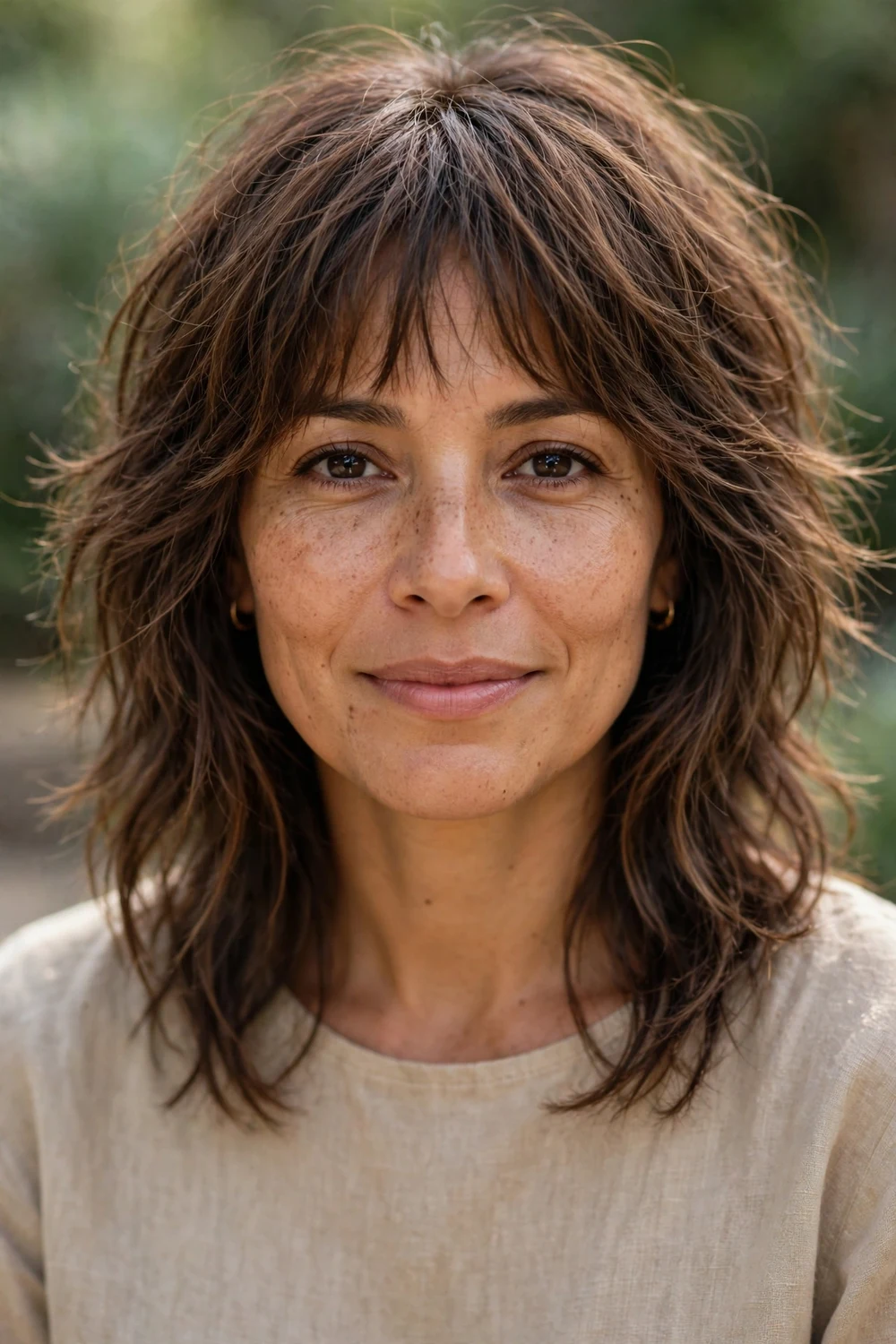 Woman with french shag haircut and brow-skimming fringe