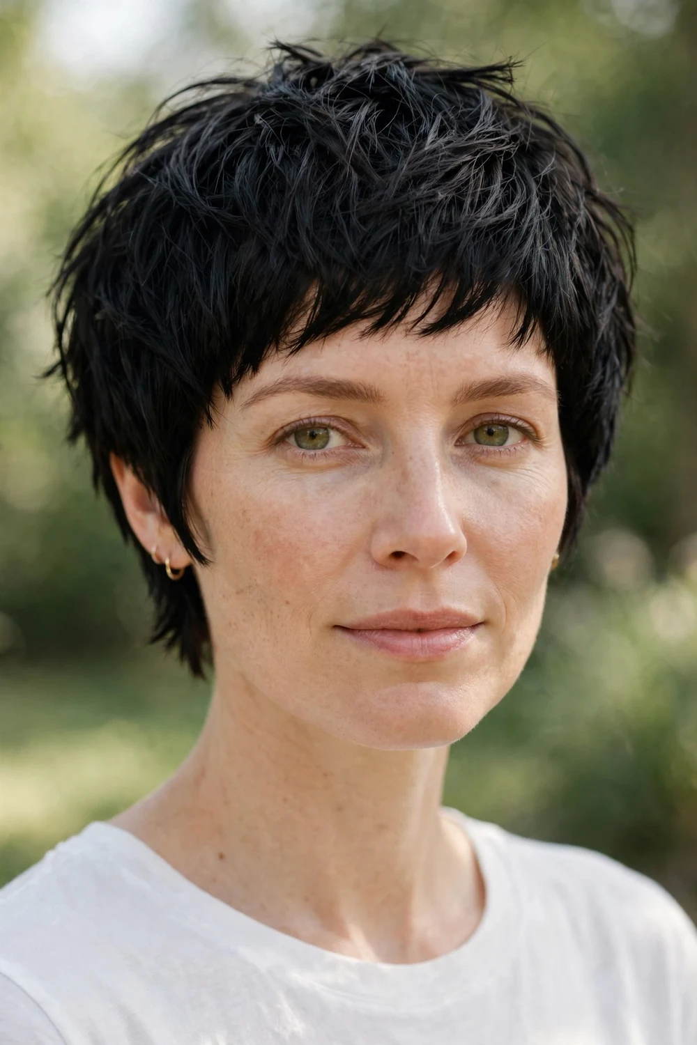 Woman with geometric micro shag haircut, precise short layers