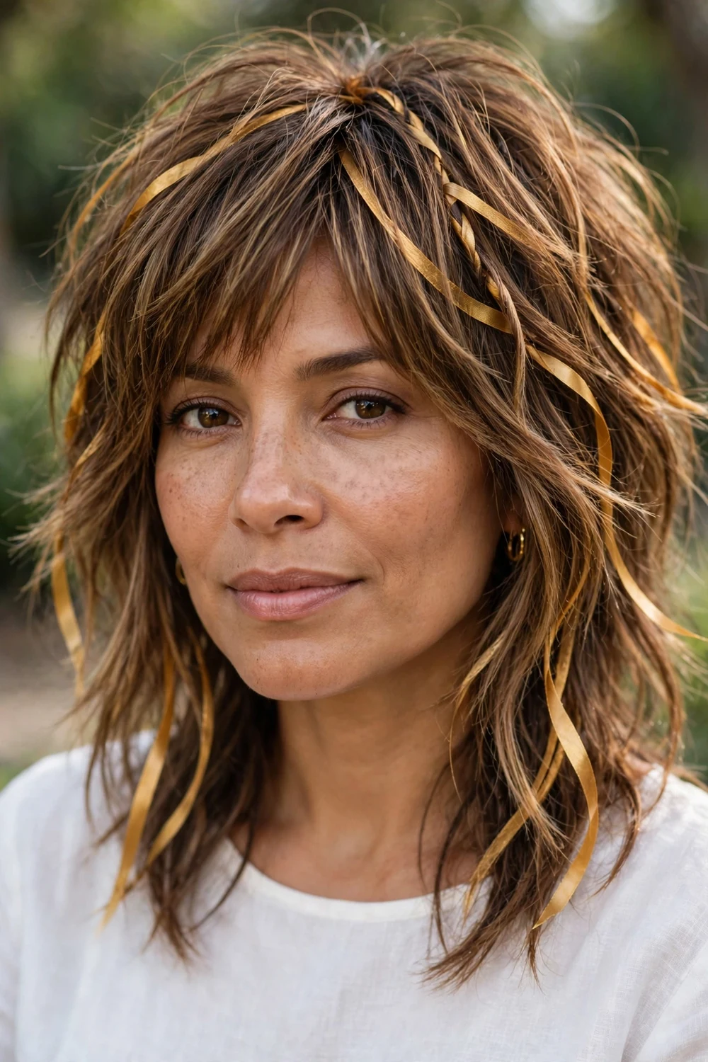 Woman with honey balayage modern shag haircut