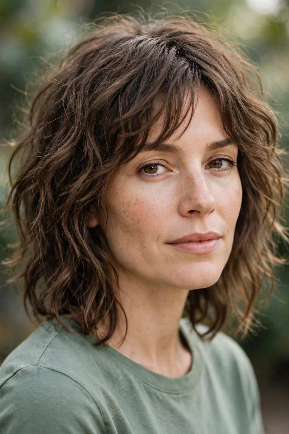 Woman with lived-in air-dry modern shag haircut, natural texture