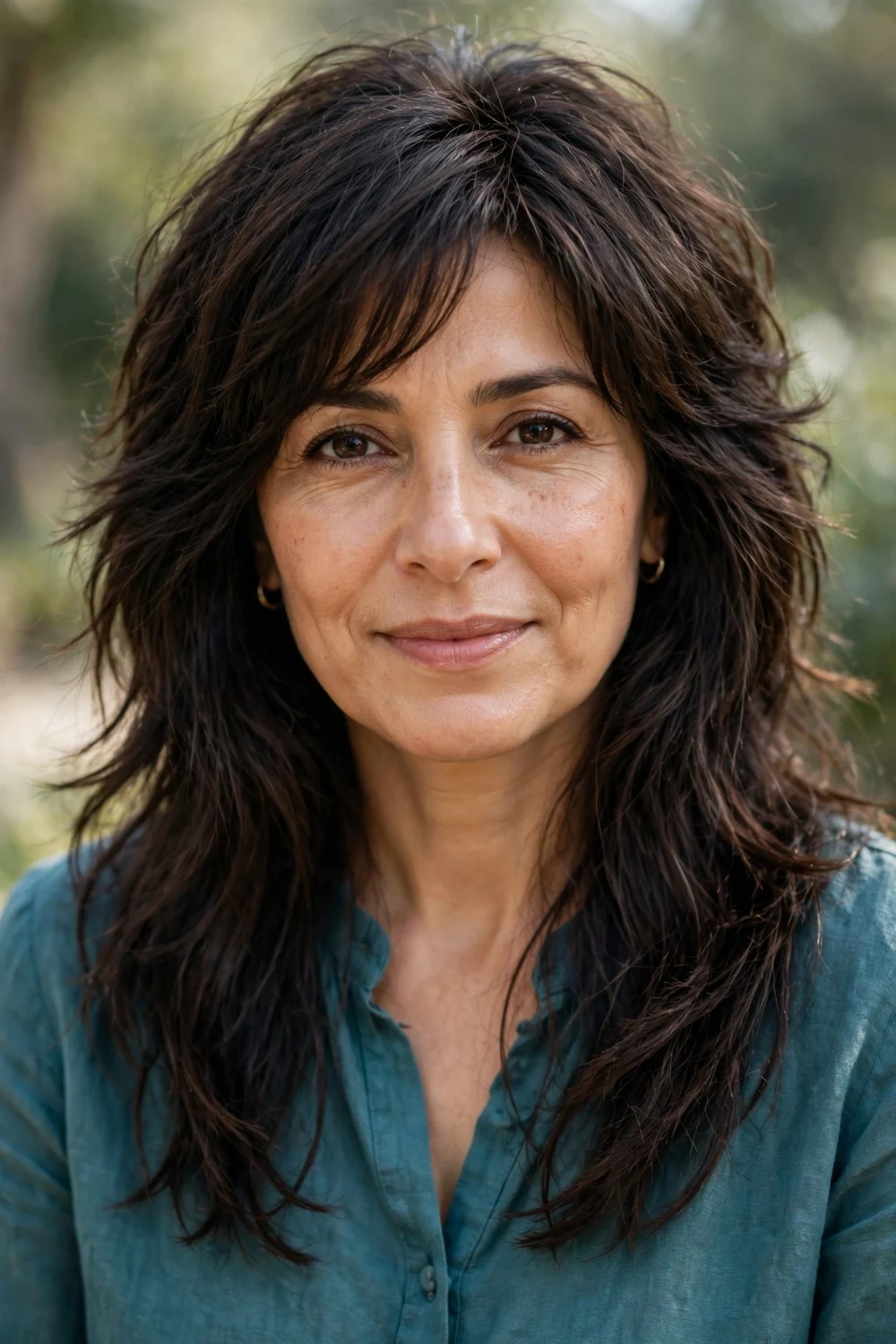 Woman with long layered shag haircut for thick hair