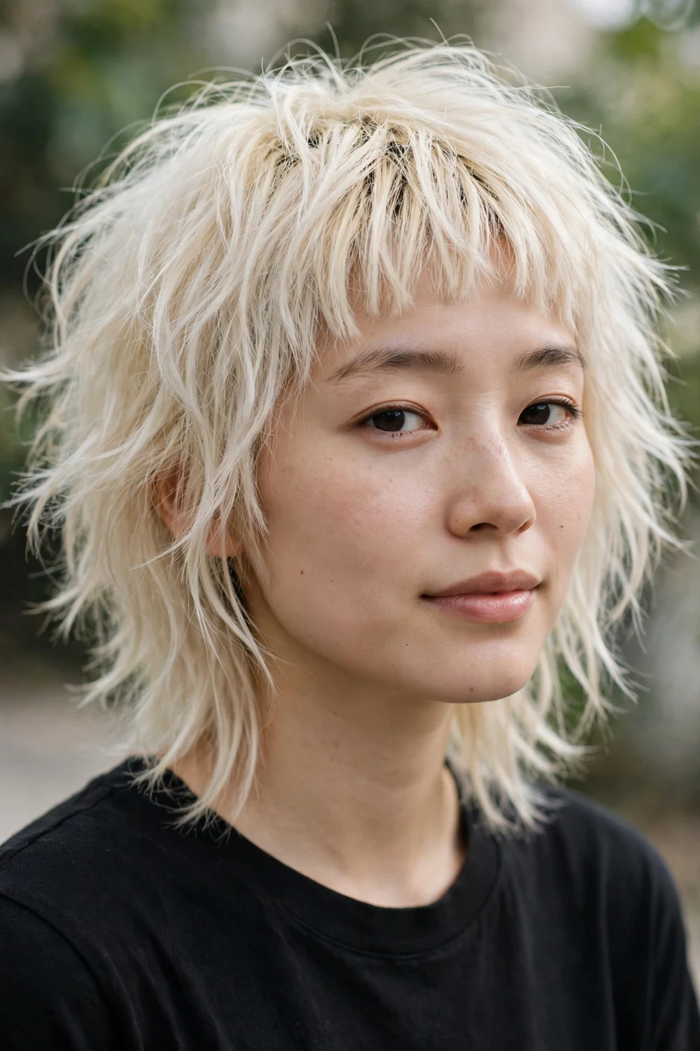 Woman with messy platinum blonde shag and baby bangs