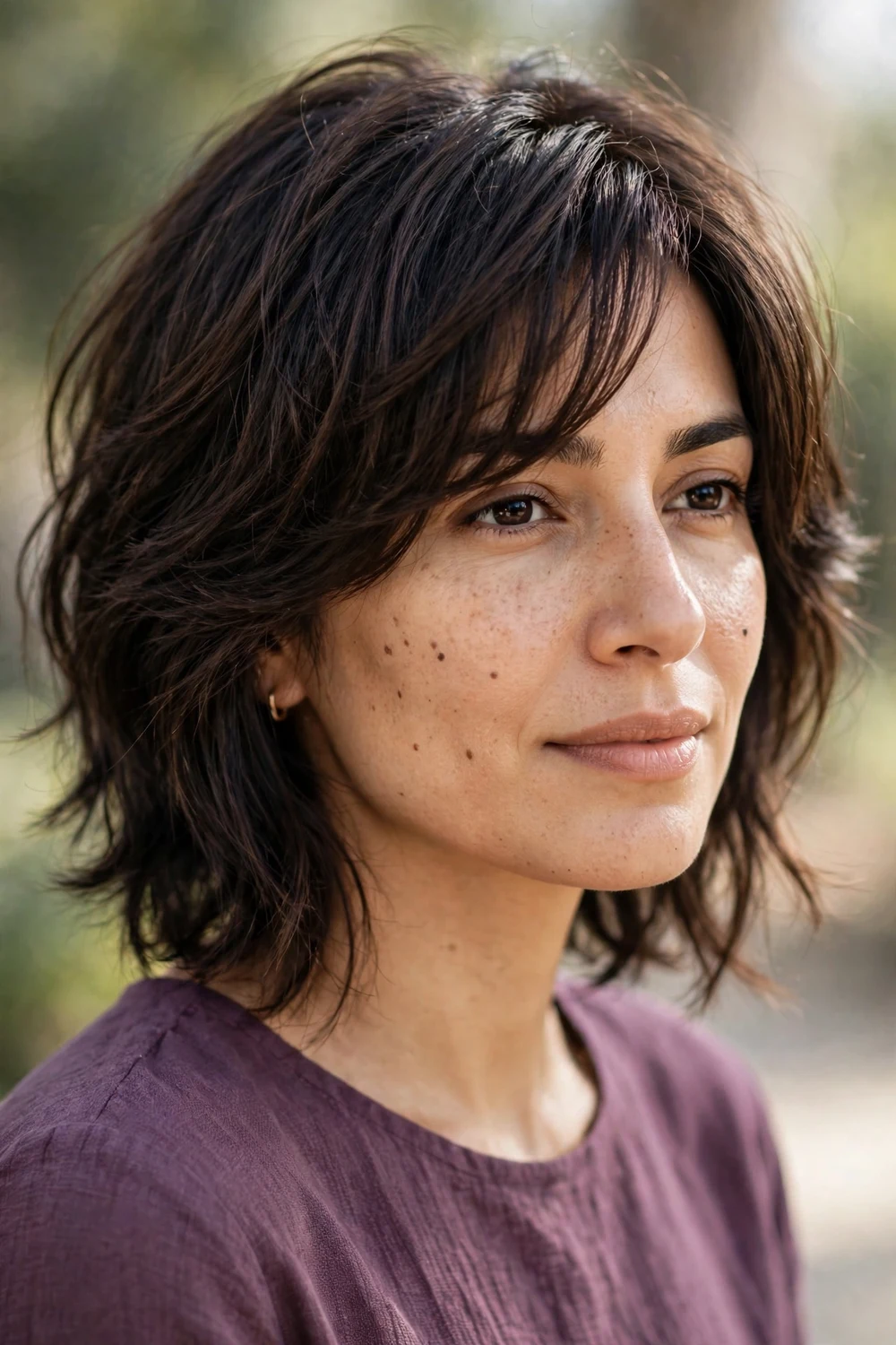 Woman with modern shag haircut and side-swept bangs