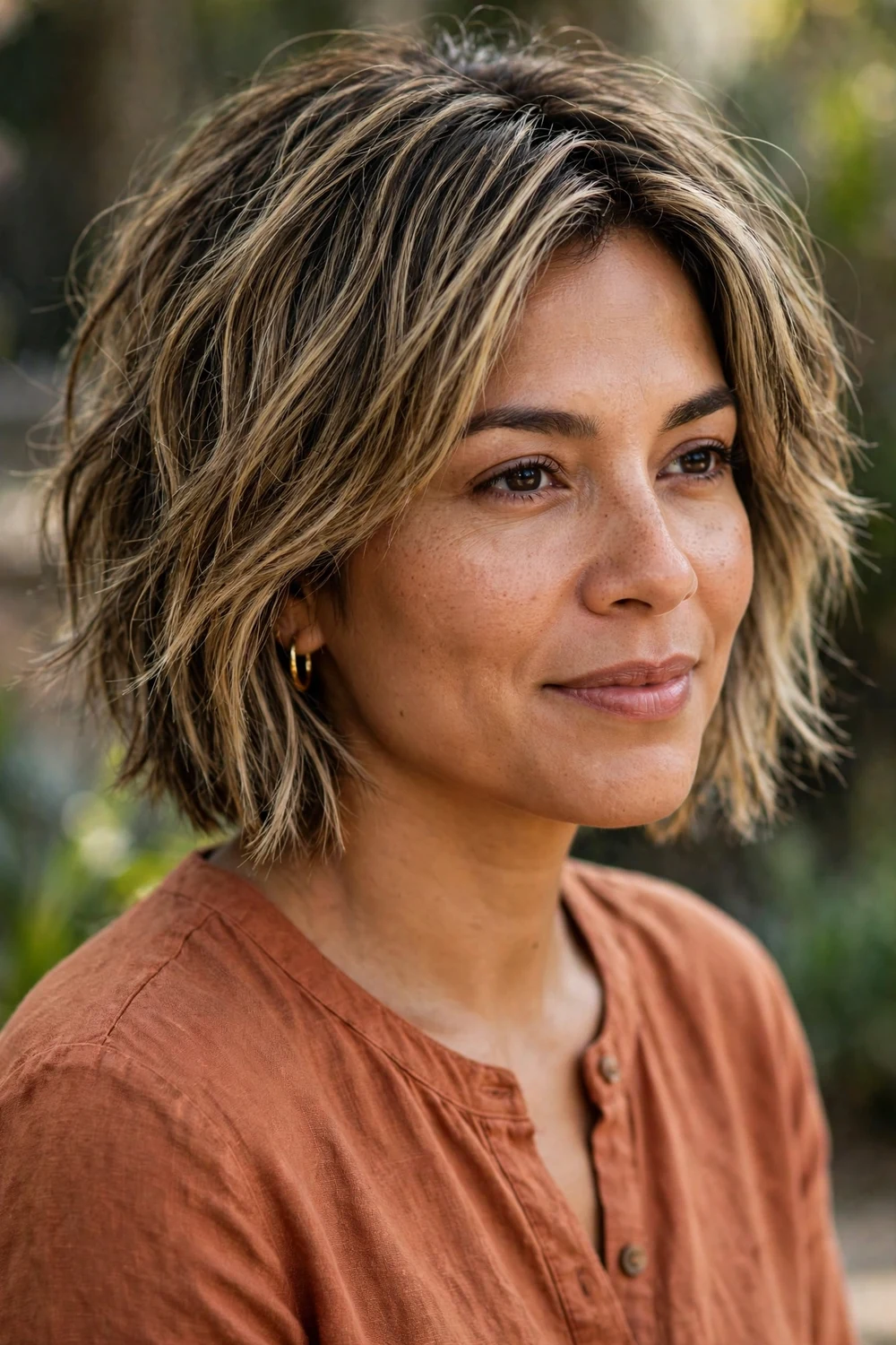 Woman with modern short shaggy bob haircut, jaw length