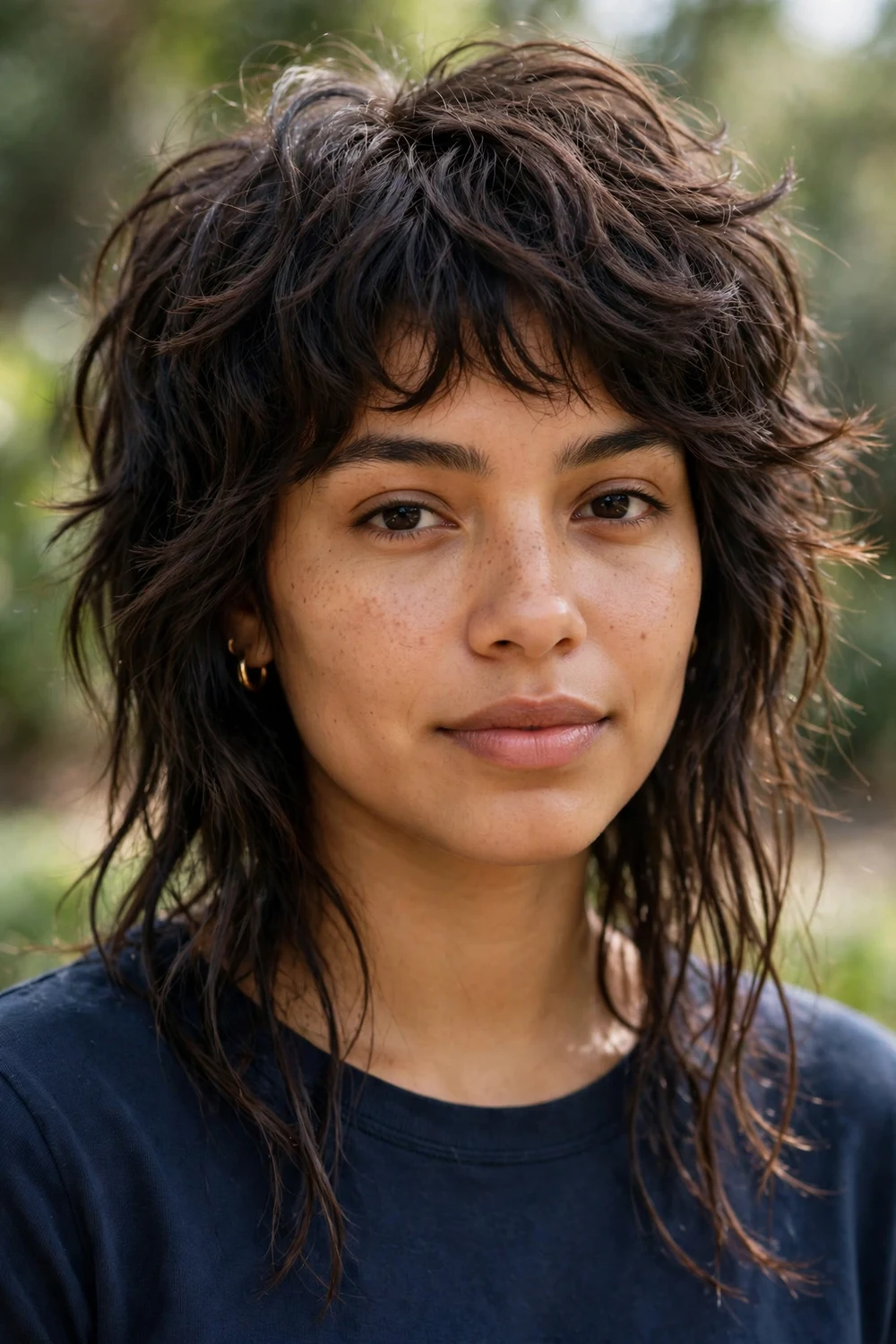 Woman with octopus shag haircut, short top layers with long pieces