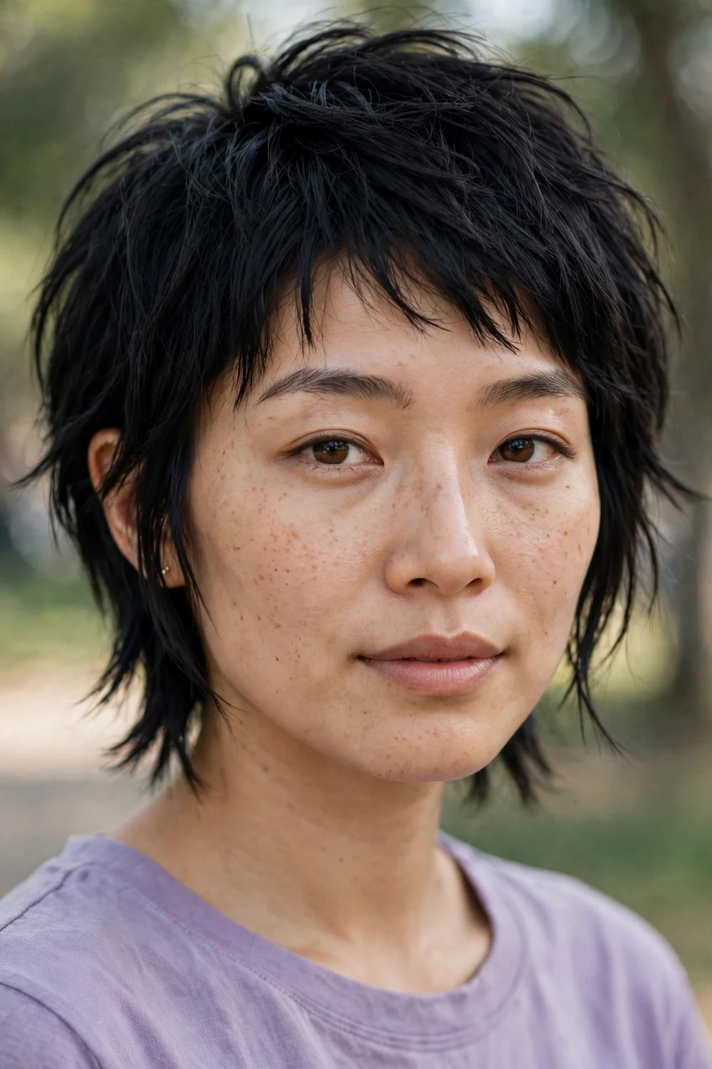 Woman with piecey short shag haircut, separated texture