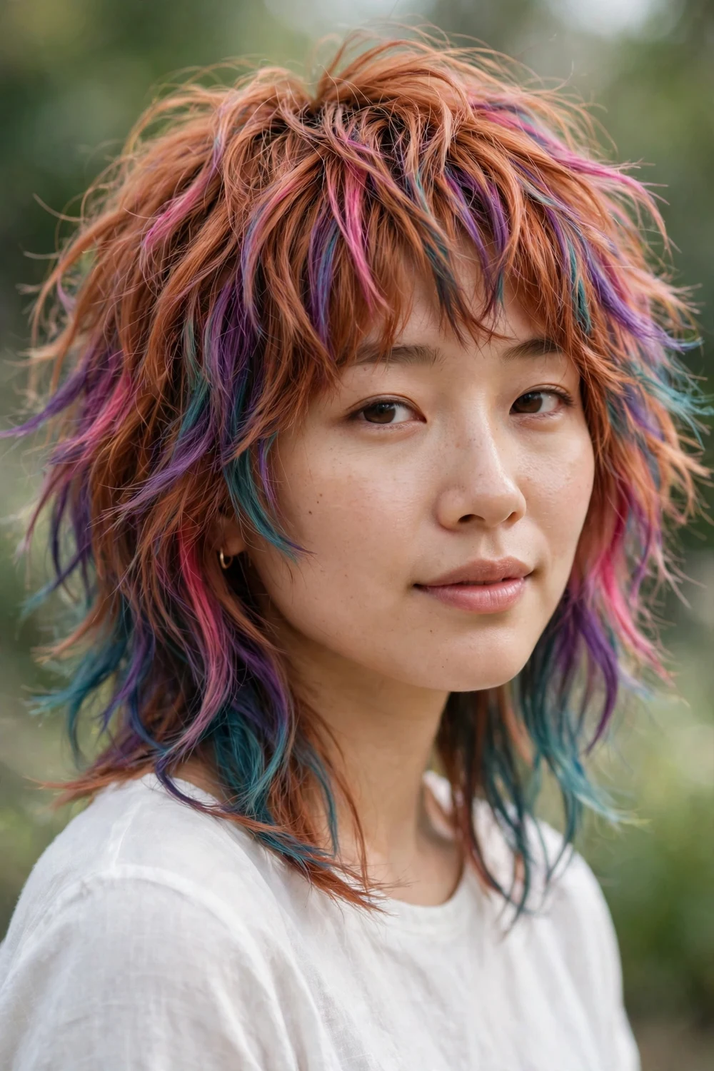 Woman with rainbow colored modern shag haircut, multi-tonal