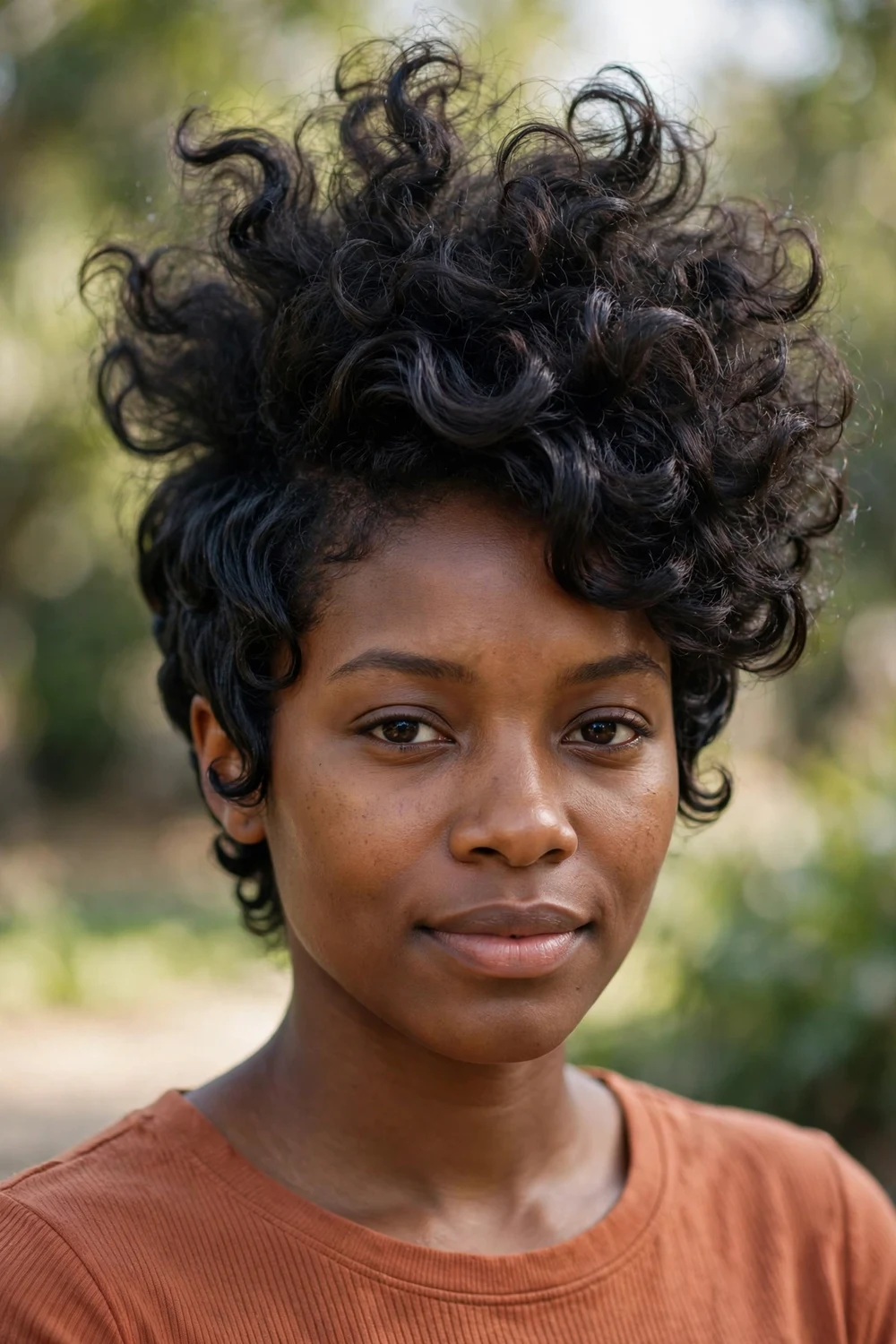 Woman with sculpted curly shag haircut and crown volume