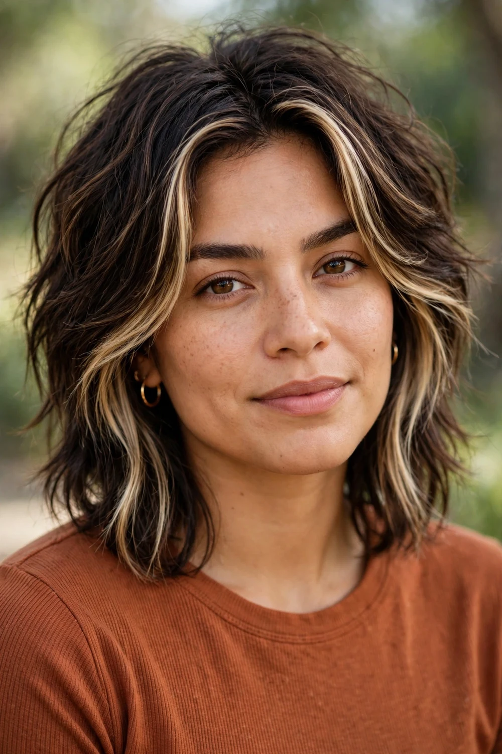 Woman with modern shag and blonde face-framing highlights