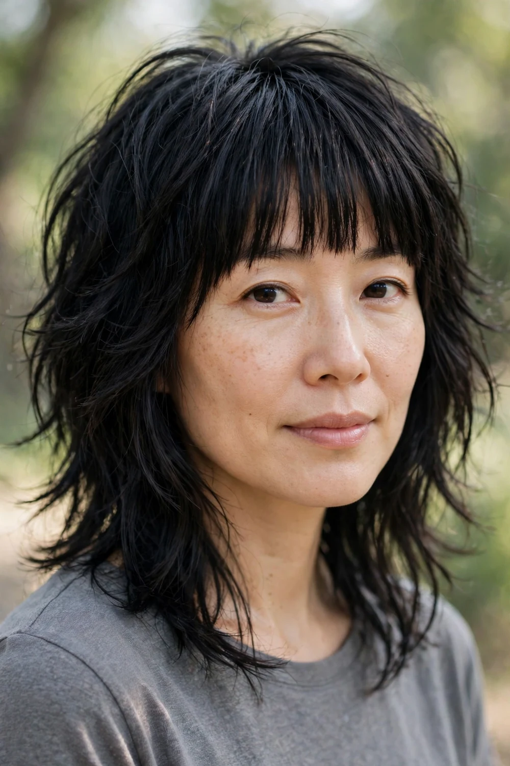 Woman with shaggy layered haircut and thick straight bangs