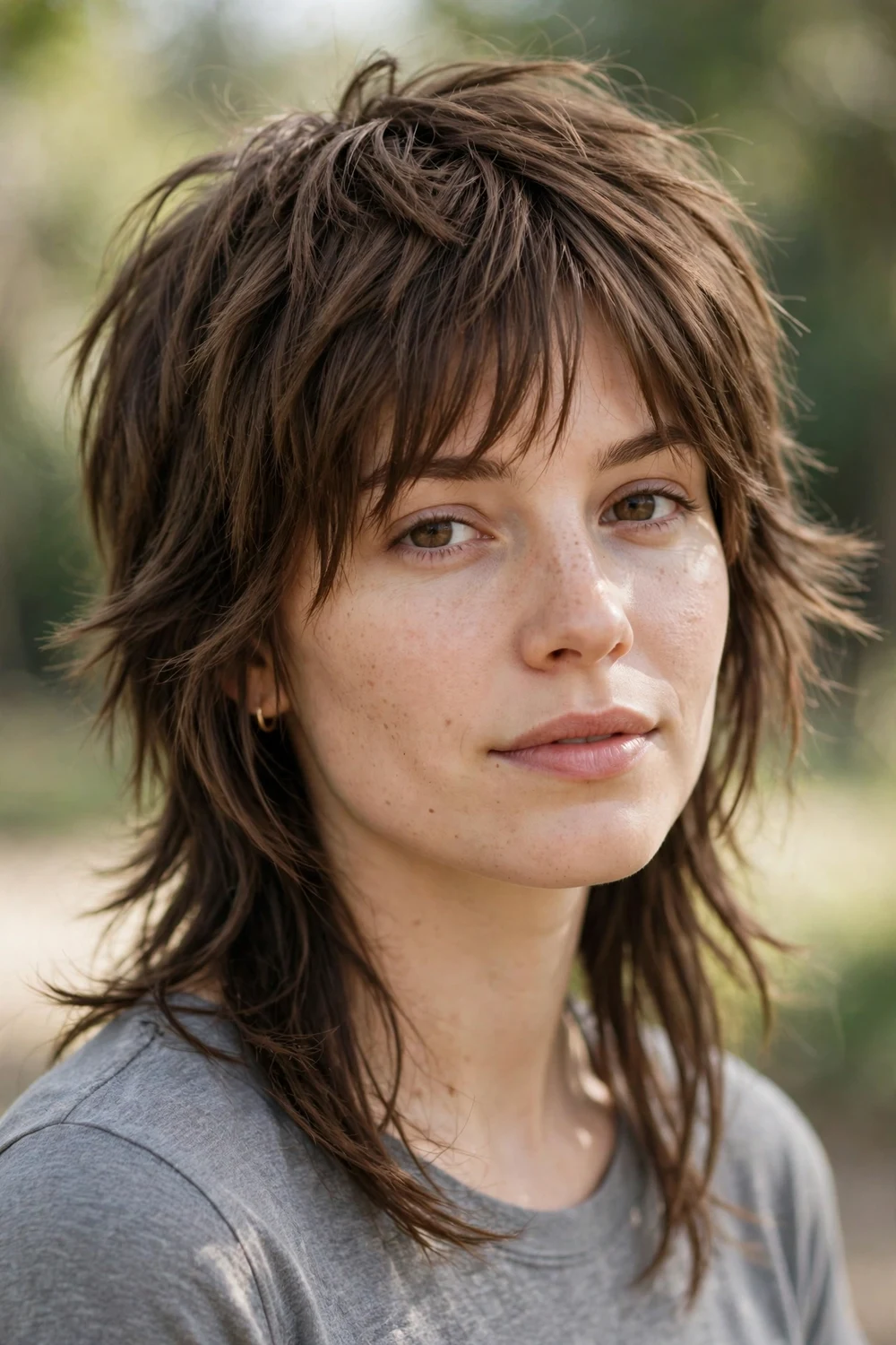 Woman with shaggy wolf cut hairstyle, mullet-inspired layers