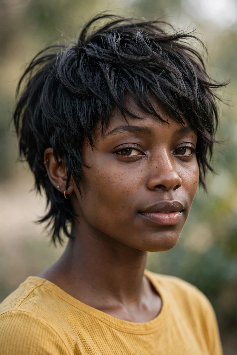 Woman with short razor-cut shag haircut, textured crop