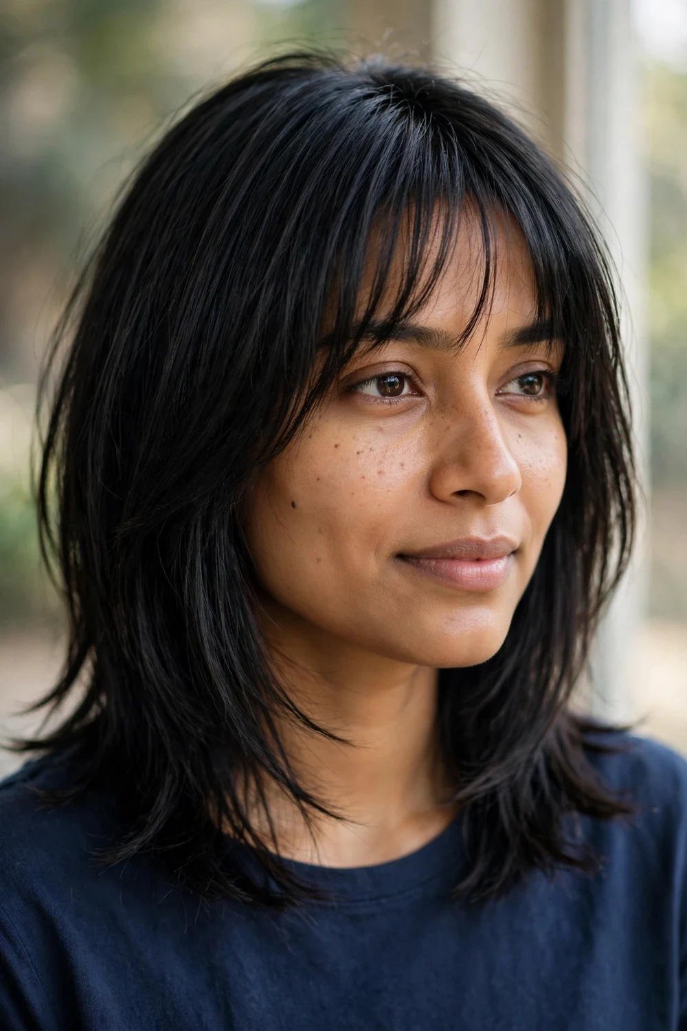 Woman with sleek modern shag and wispy bangs, straightened
