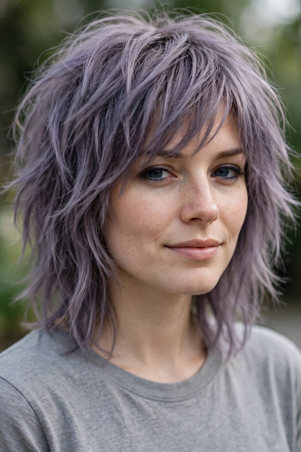 Woman with smoky lavender colored modern shag haircut