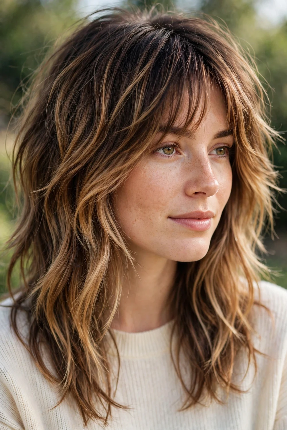 Woman with soft shag haircut and sombre subtle ombre color