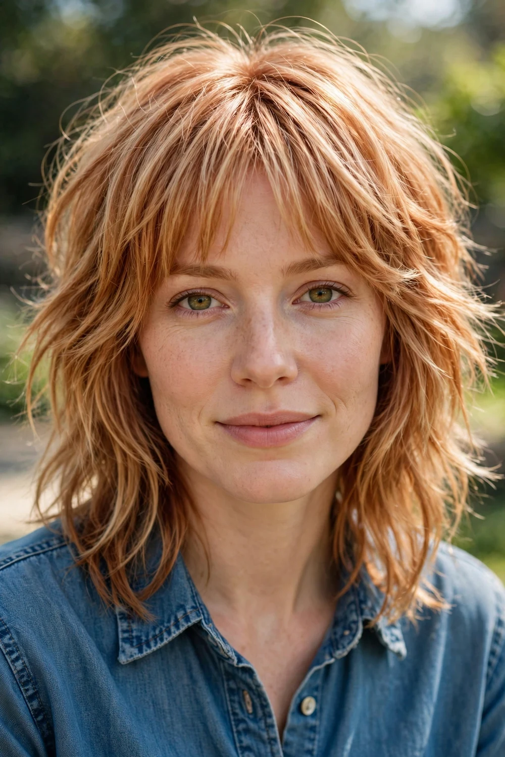 Woman with strawberry blonde bottleneck bangs shag haircut
