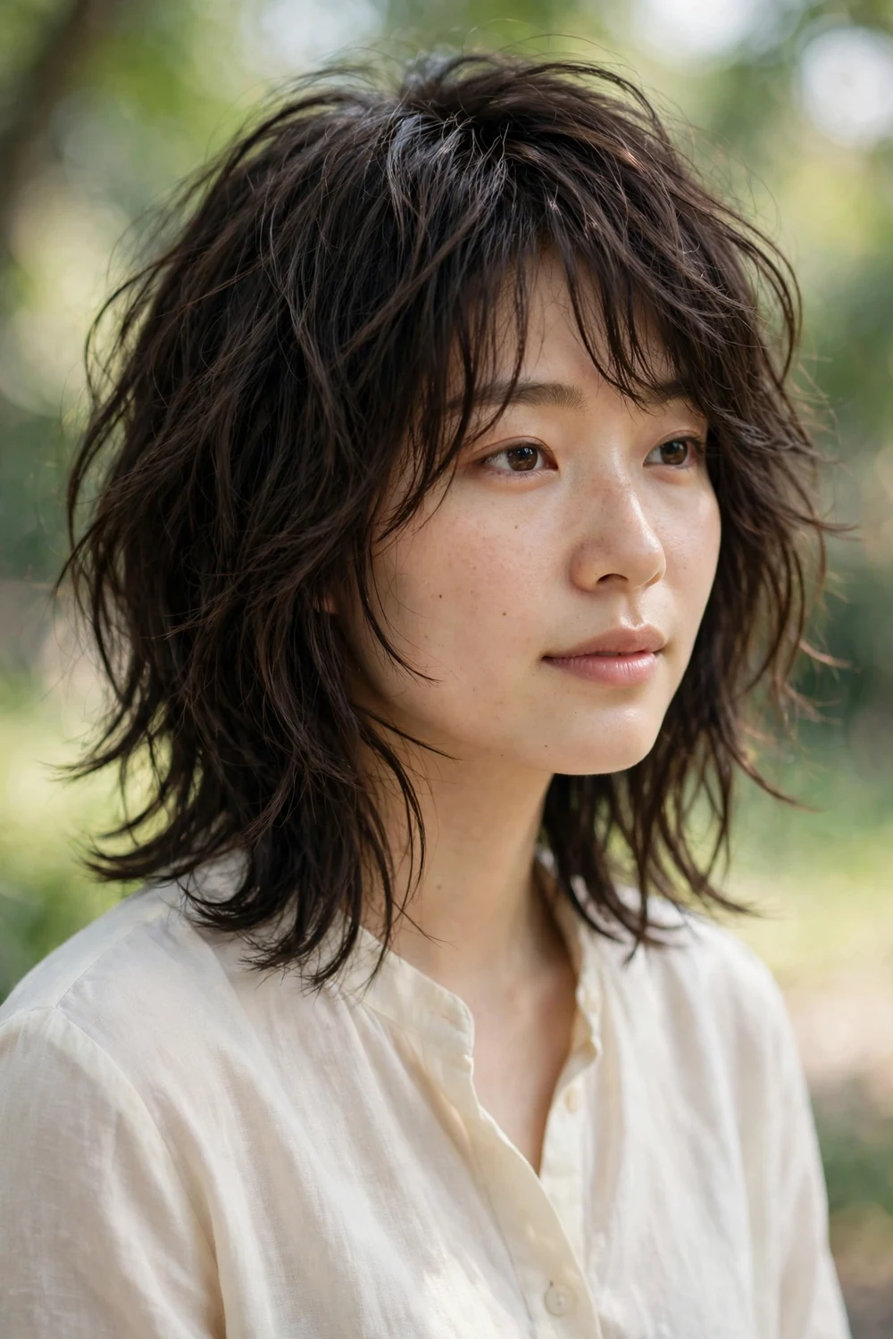 Woman with textured modern shag and choppy layers at medium length