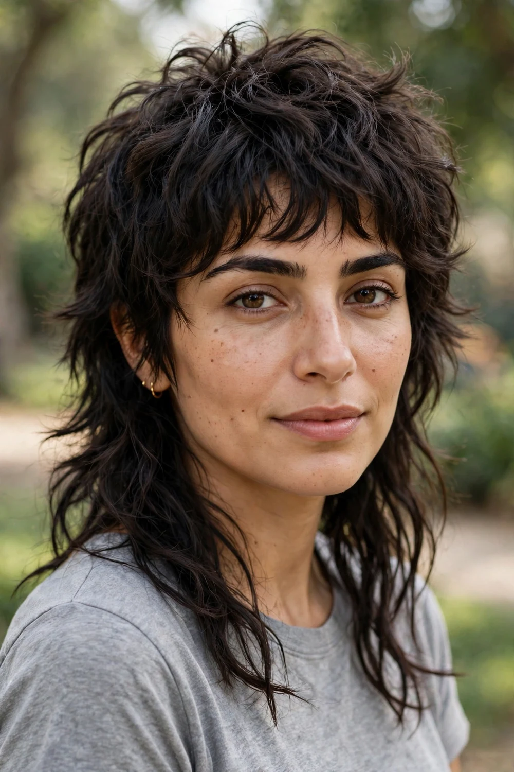 Woman with textured shullet haircut, shag mullet hybrid