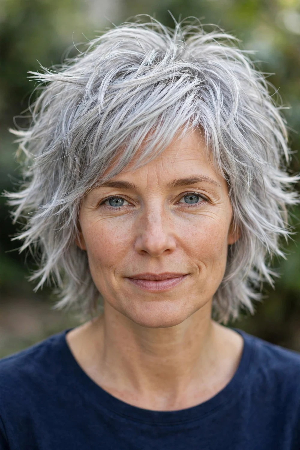 Woman with ultra textured silver razor shag haircut