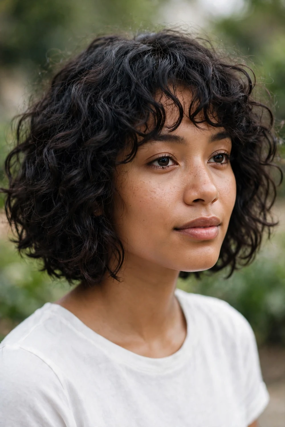 Woman with very curly shag bob haircut, short and rounded