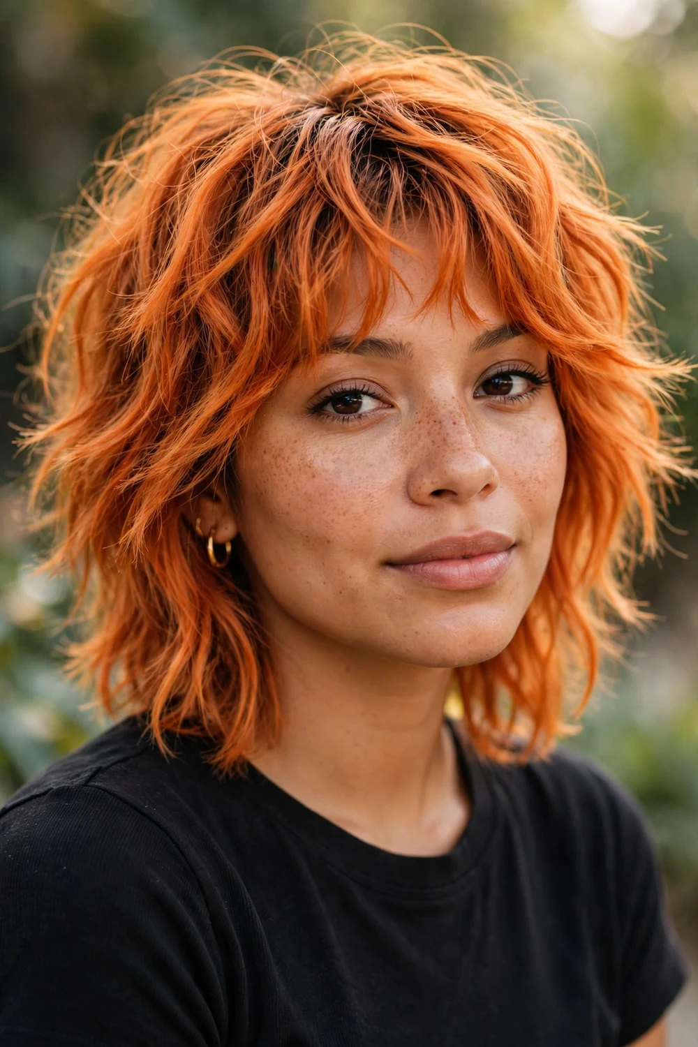 Woman with warm orange colored modern shag haircut