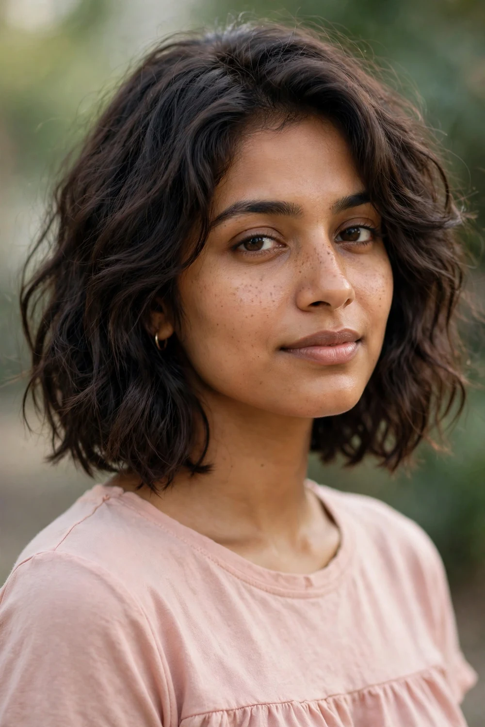 Woman with wavy shag bob haircut at chin length
