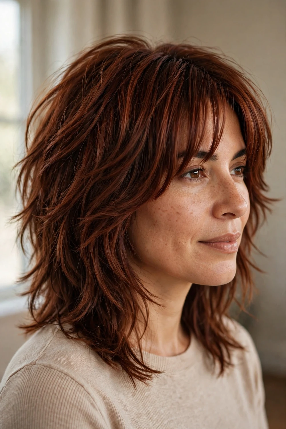 Modern shag haircut with long curtain bangs on fine hair