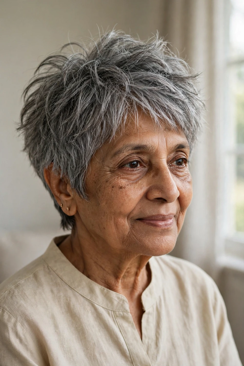 Modern shaggy pixie with choppy layers for older women