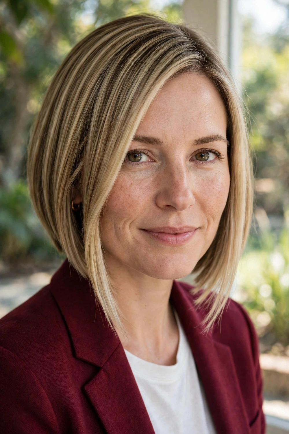 Woman in her mid 30s wearing an angled bob with front pieces longer than the back creating a visible slope in straight dark blonde hair